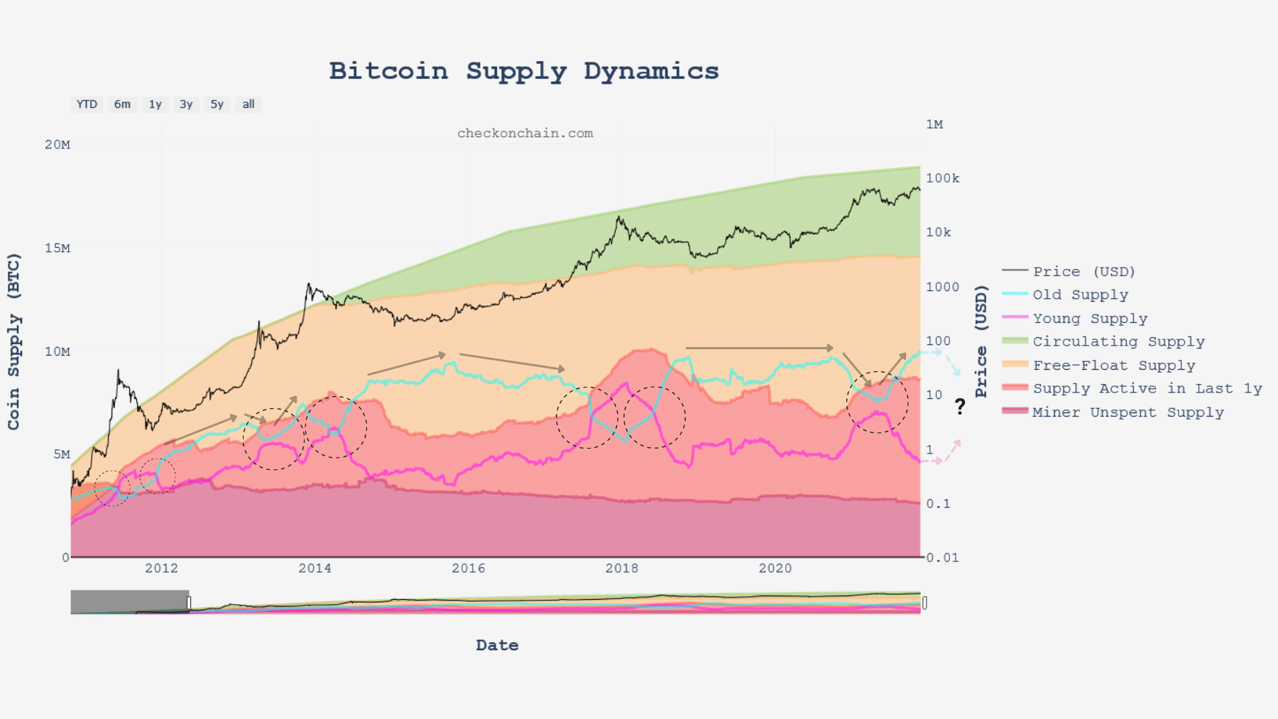 Gráfico de distribución de la oferta de Bitcoin (BTC) (Fuente: checkonchain.com)