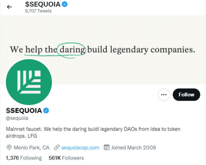 La società di VC Sequoia ha cambiato brevemente la sua biografia per riflettere i suoi investimenti in crypto. (Screenshot via Colin Wu)