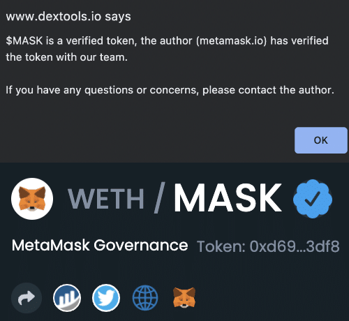 Captures of the verification pop-up and capture of the verified token (Source: Twitter)