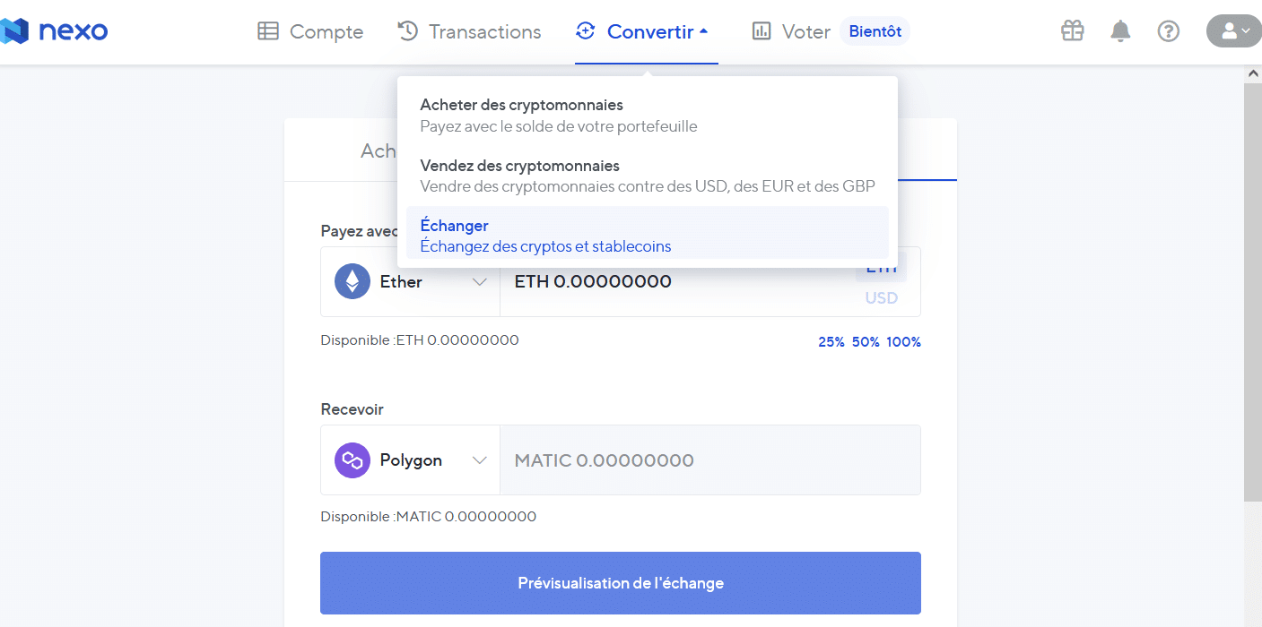 In this example, we can trade Ether (ETH) for MATIC