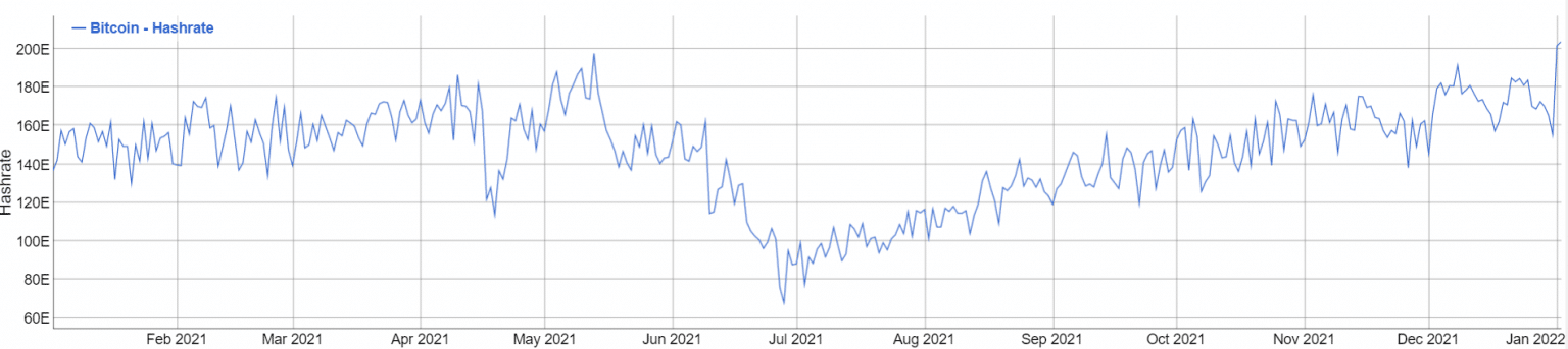 Średni Bitcoin Hashrate w ciągu roku (Źródło: Bitinfocharts)