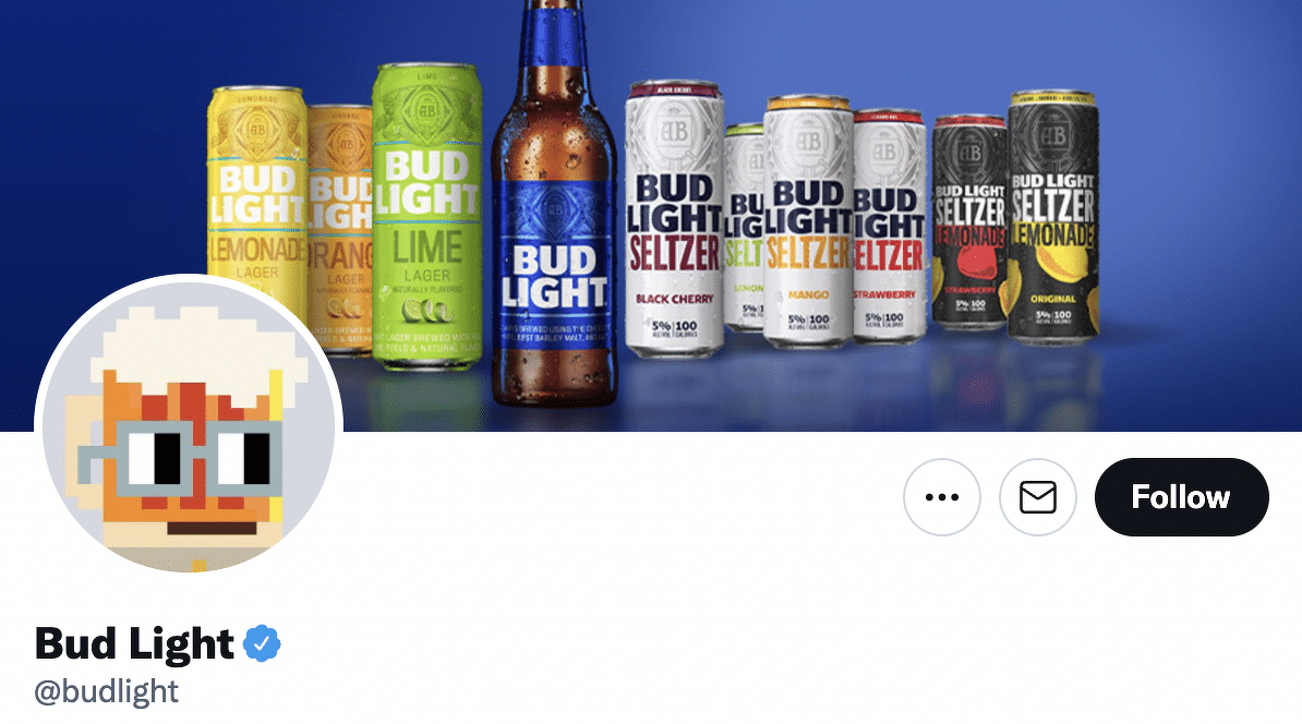 Bud Light sta usando un Nouns NFT come immagine del suo profilo Twitter. Immagine: Twitter