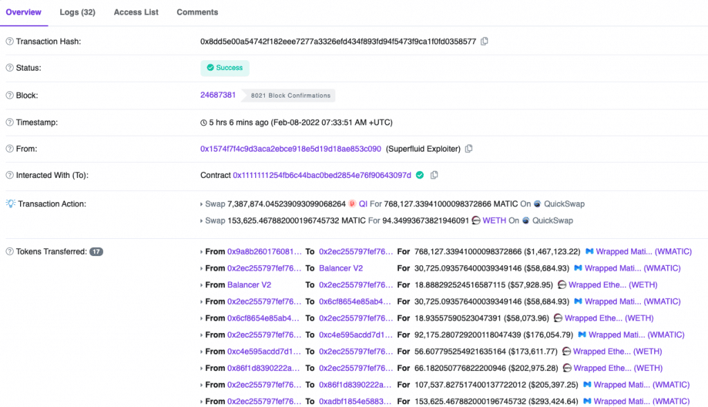 Visualisierung einer der Transaktionen des Superfluid-Hackers (Quelle: PolygonScan)