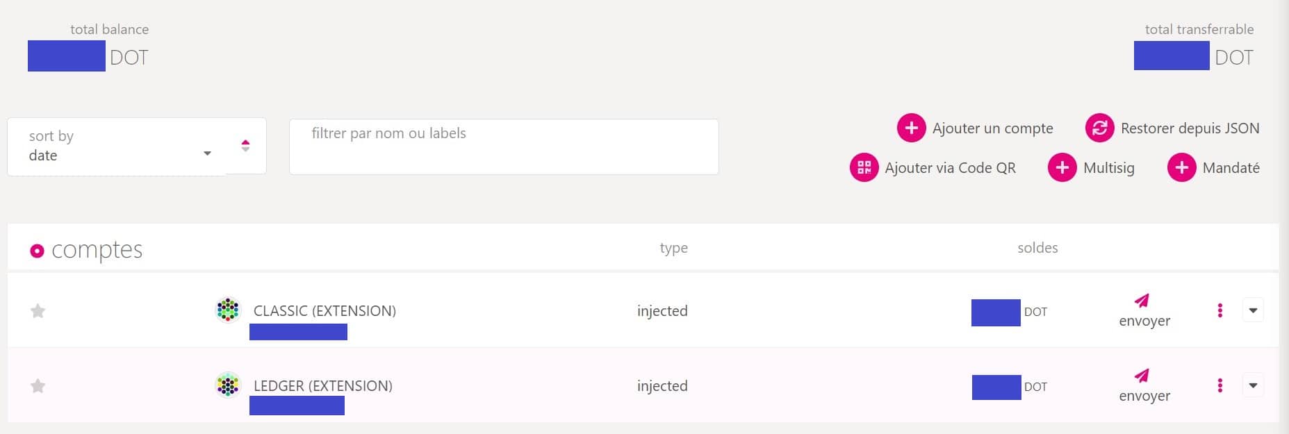 View of your different accounts on the Polkadot blockchain