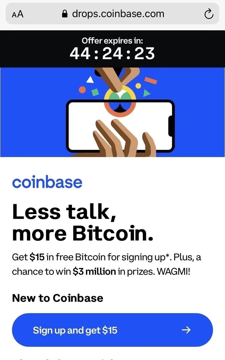 Coinbase Bitcoin giveaway page that the company's Super Bowl ad QR code led to.