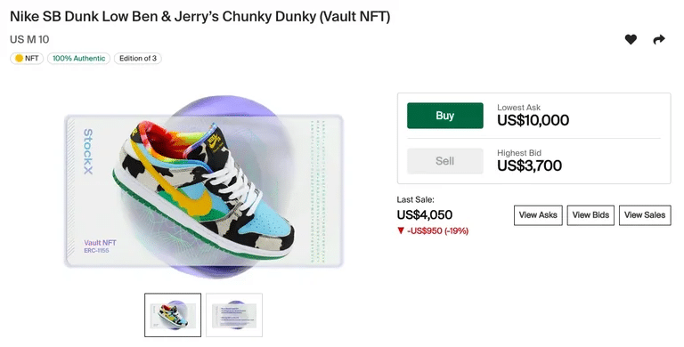 Uma imagem da Nike SB Dunk Low Ben & ténis Chunky Dunky de Jerry's em StockX. Imagem: StockX.