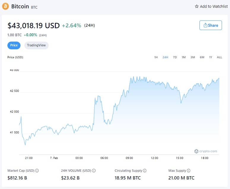 Bitcoin Price - February 7th, 2022 (Fonte: Crypto.com)