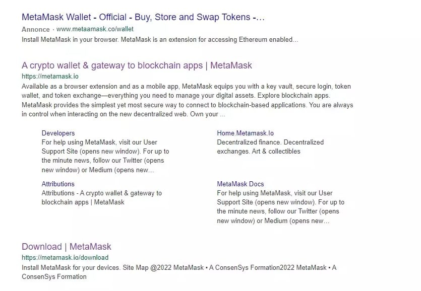 Obrázek 2: Podvodná reklama v prvním výsledku vyhledávání MetaMask