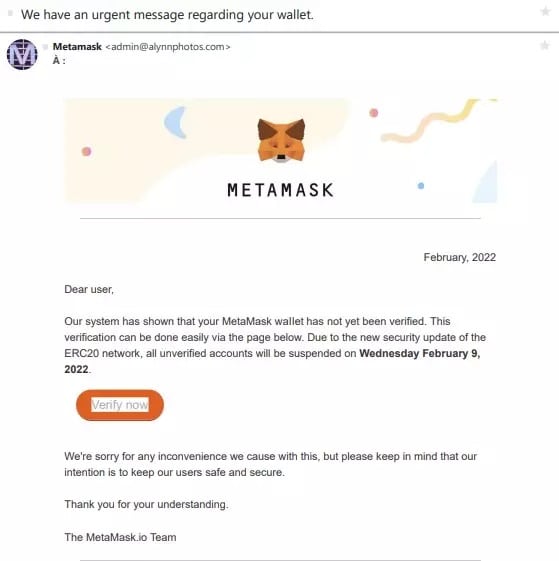Figure 3: Attempted phishing with a pseudo-email from MetaMask