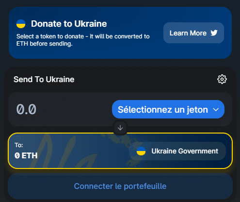 Interfaz de intercambio con el monedero del gobierno ucraniano (Fuente: Uniswap)