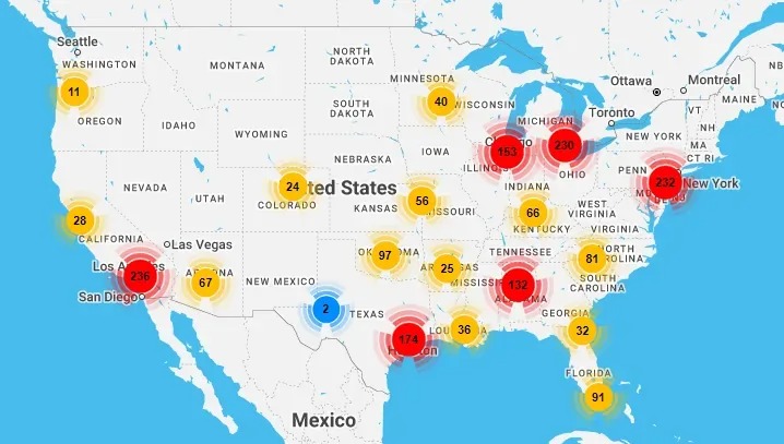 Lokalizacje bankomatów Bitcoin of America w Stanach Zjednoczonych. (Źródło: Coin ATM Finder)