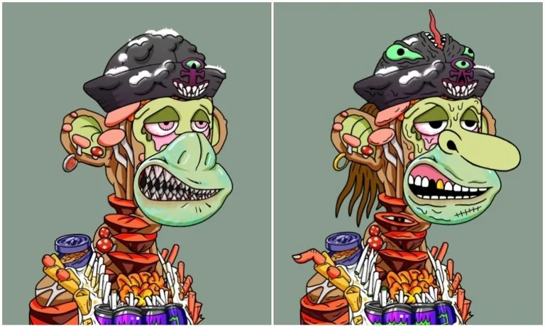 Przed i po przeprojektowaniu przez Carsolę jego Mutant Ape NFT.