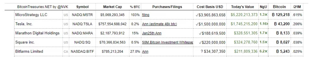 Fig. 1: Classifica delle aziende con le maggiori partecipazioni in Bitcoin