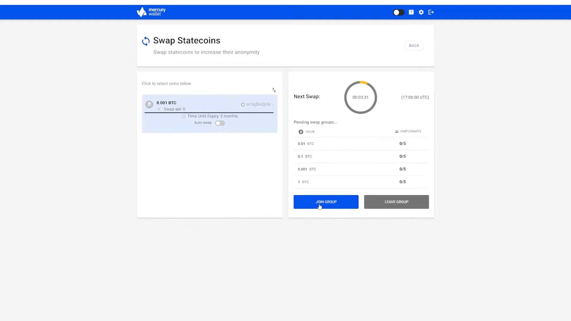 他のMercuryユーザーとstatecoinをスワップするには「グループに参加」をクリック