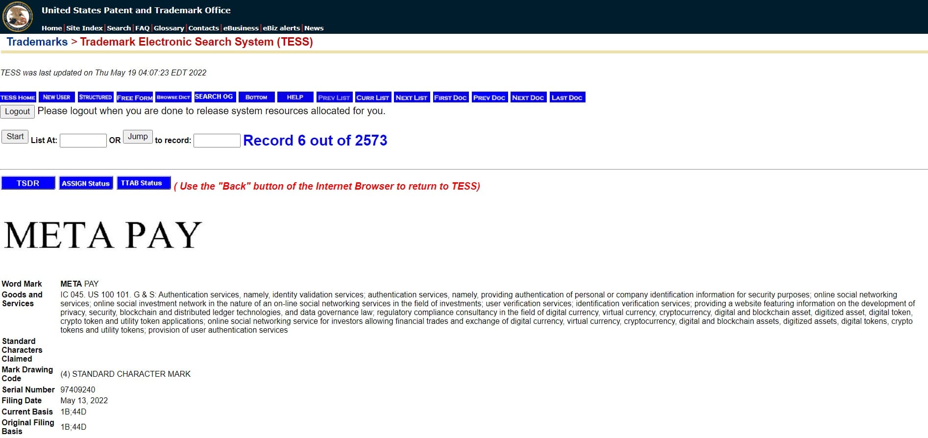 Meta's Meta Pay trademark registration on the United States Patent and Trademark Office website