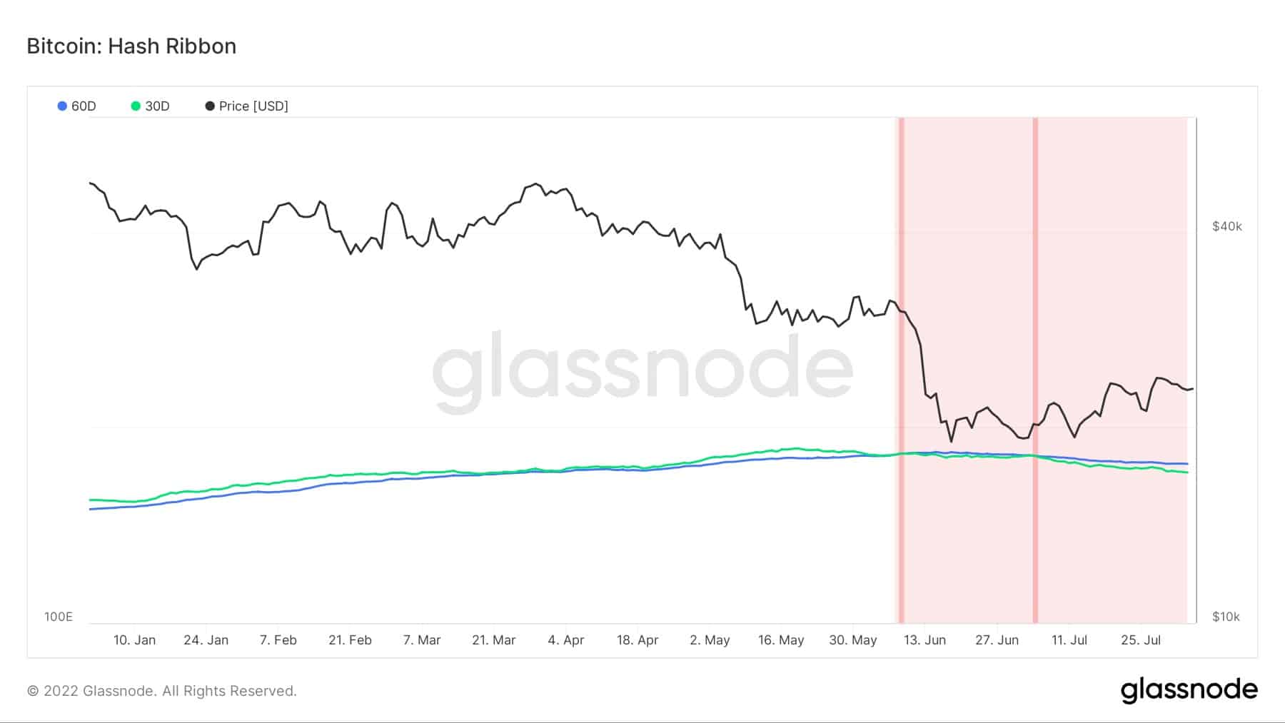 Długość obecnej kapitulacji rynku według wstęg haszujących Bitcoina (Źródło: Glassnode)