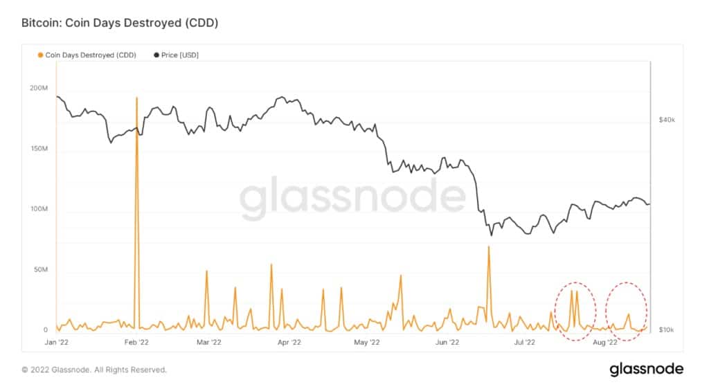 Metryka Coin Days Destroyed (CDD) dla Bitcoina (Źródło: Glassnode)