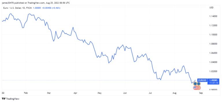 Parita EUR/USD od ledna 2022 do srpna 2022 (Zdroj: TradingView)