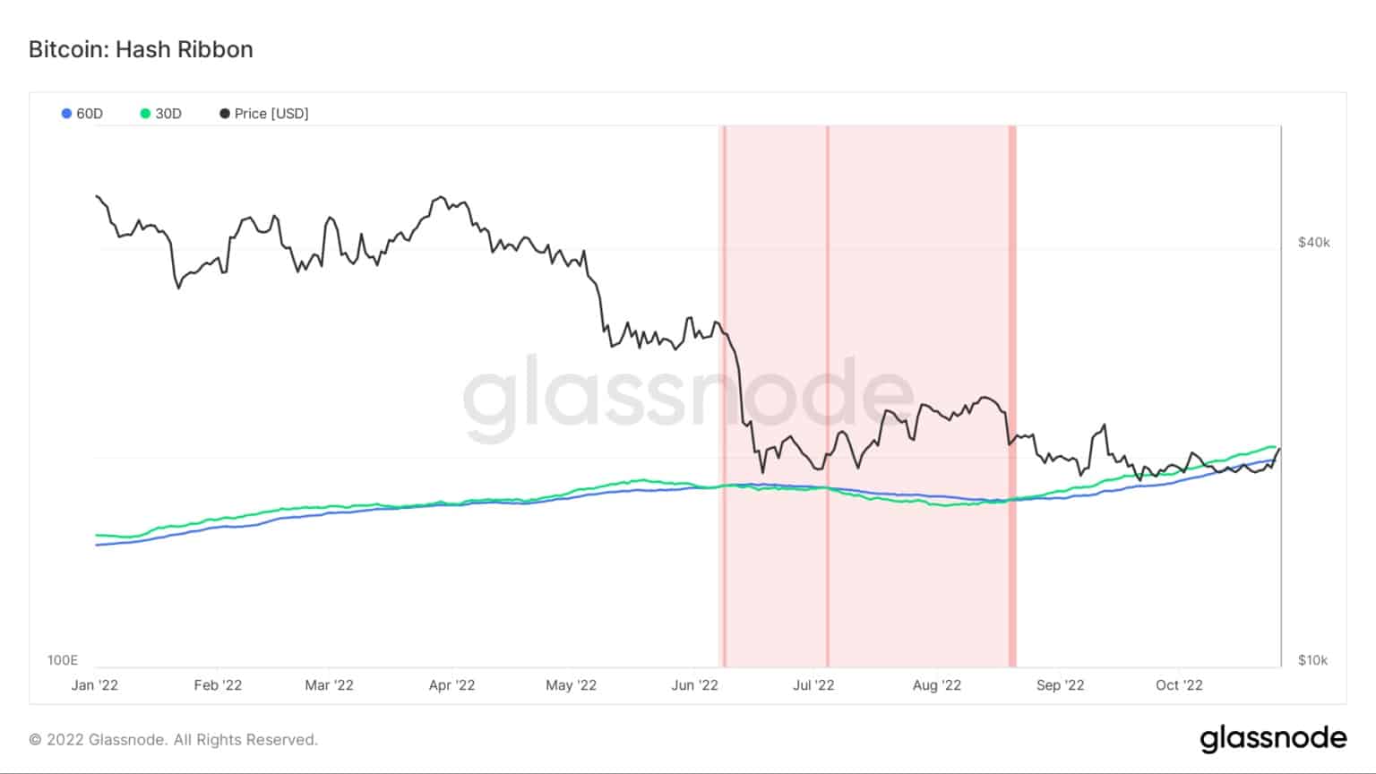Grafico che mostra l'indicatore del nastro di hash del Bitcoin da gennaio 2022 a ottobre 2022 (Fonte: Glassnode)