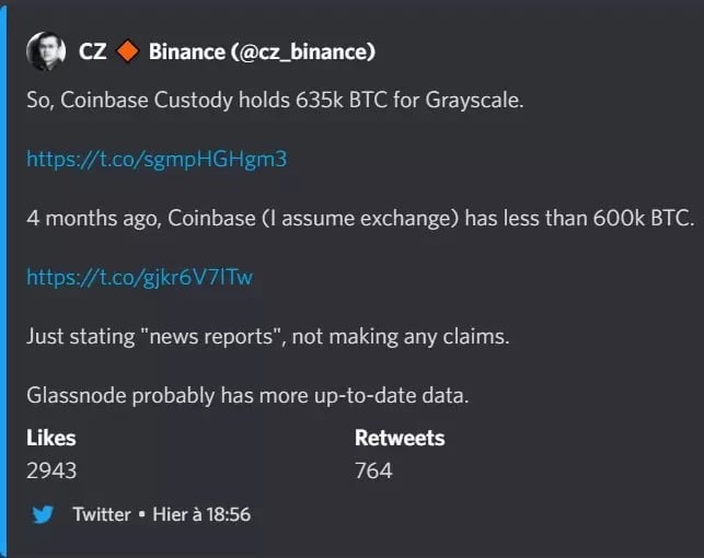 Figura 1 - Tweet apagado de CZ sobre Coinbase