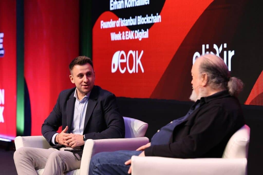 Ерхан Корхалилер с Дейвид Чаум на Седмицата на блокчейн в Истанбул през 2022 г.