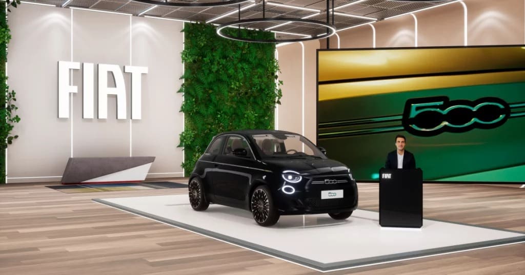 Virtuální showroom Fiatu s modelem showroomu a poradcem