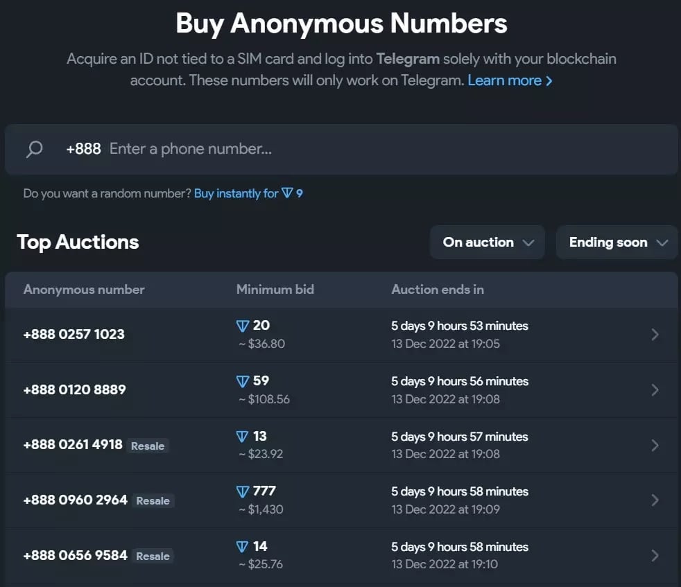 Phone number auctions on Fragment