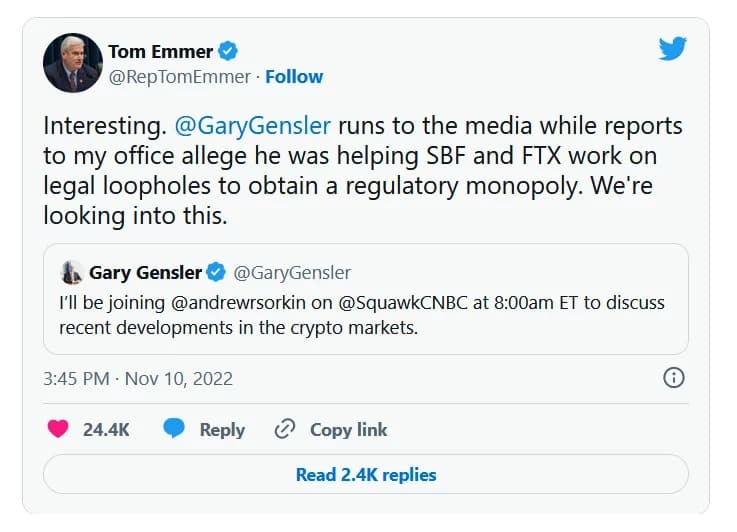 Tweet original de Tom Emmer, publicado em 10 de Novembro