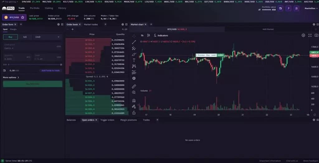 Kraken Pro trading interface overview
