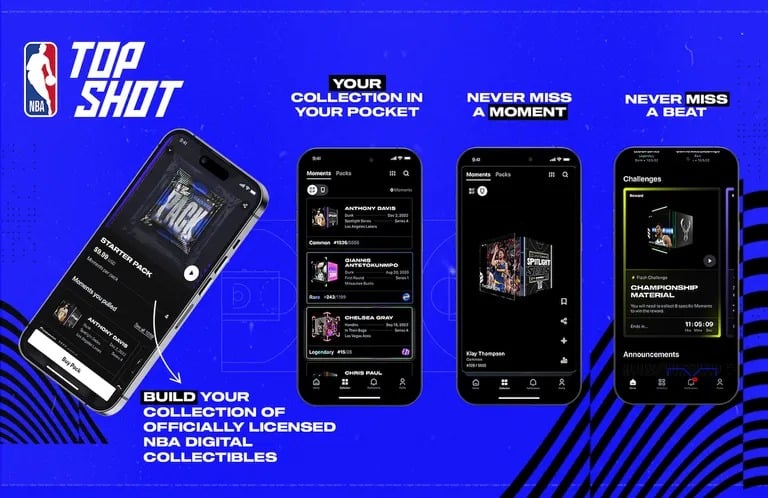 Grafika promocyjna przedstawiająca aplikację mobilną NBA Top Shot. Image: Dapper Labs