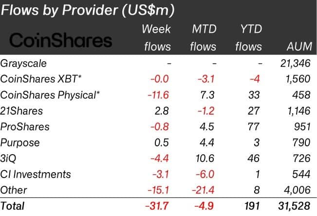 Flows by Provider (Fonte: CoinShares)