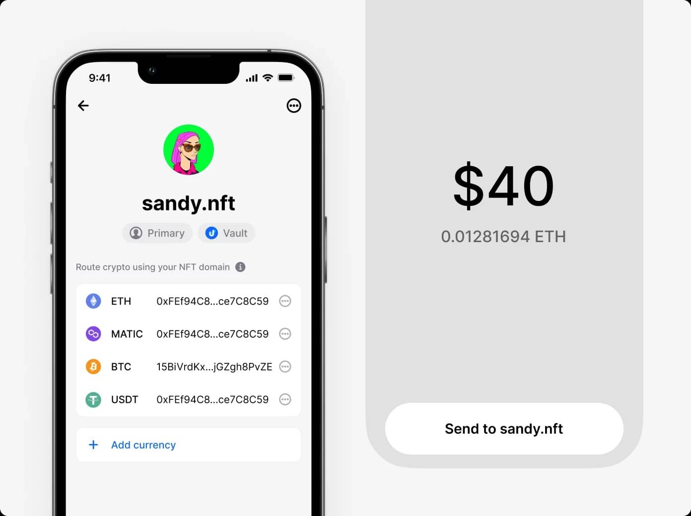 The domain name sandy.nft used to easily receive cryptocurrencies