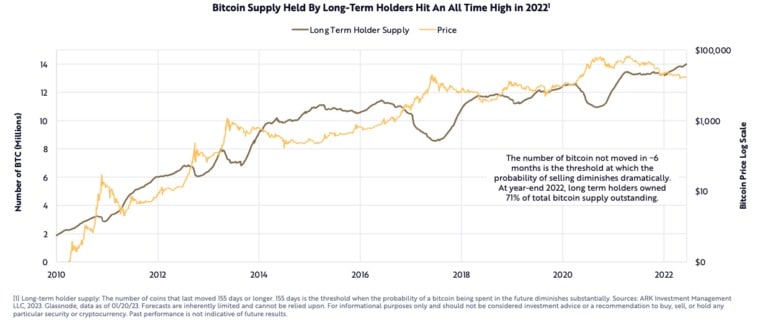 Wskaźniki długoterminowego skupienia Bitcoina pozostają silne (Źródło: ARK Invest)