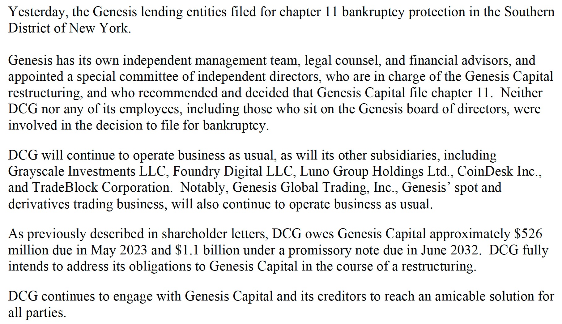 DCG's response to Genesis's bankruptcy