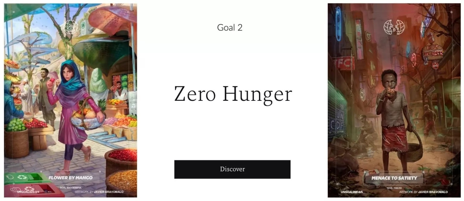 Goal 2: Eradicate world hunger. Optimistic (left) and dystopian (right).