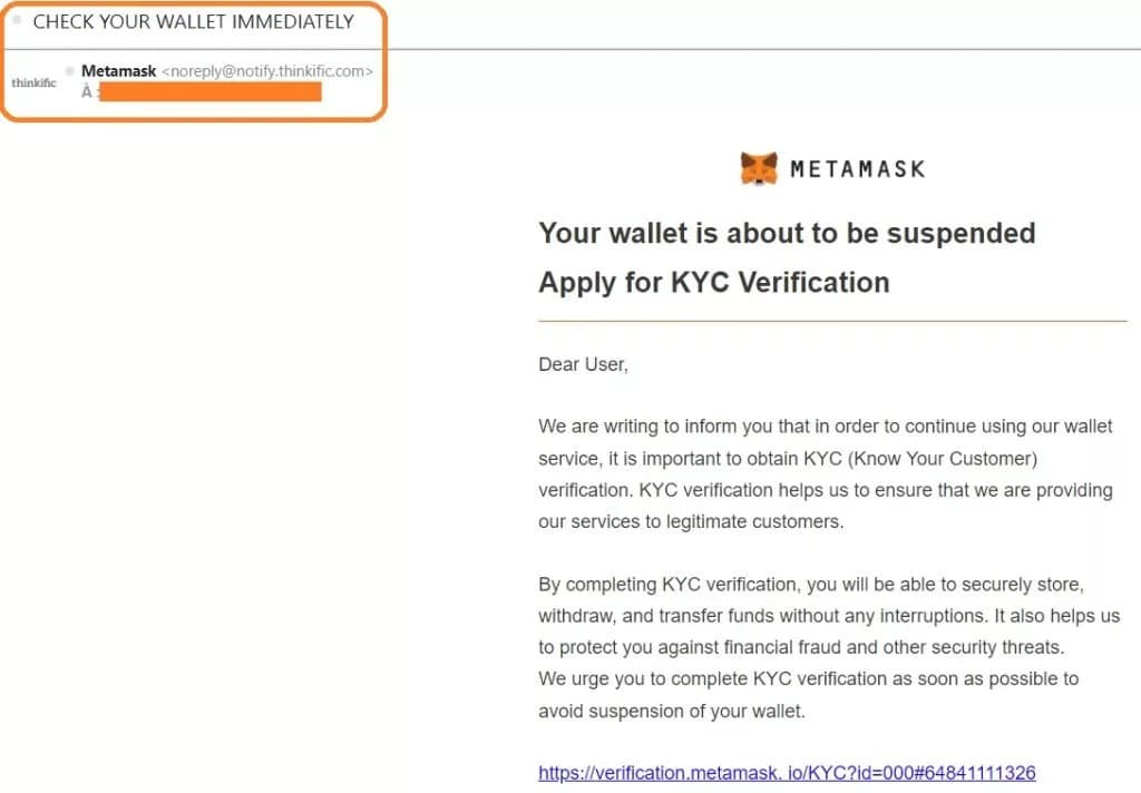 Esempio di e-mail fraudolenta che si presenta come MetaMask
