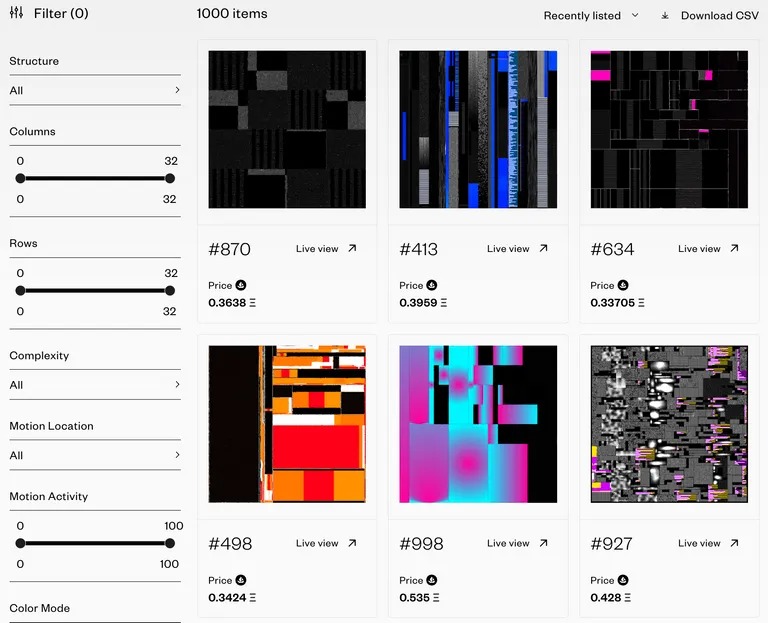 Snímek obrazovky s nabídkami tržiště Art Blocks. Obrázek: Art Blocks