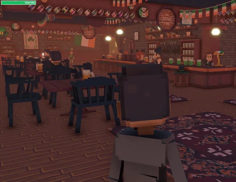 Un pub virtuel sans humains réels derrière les fêtards.