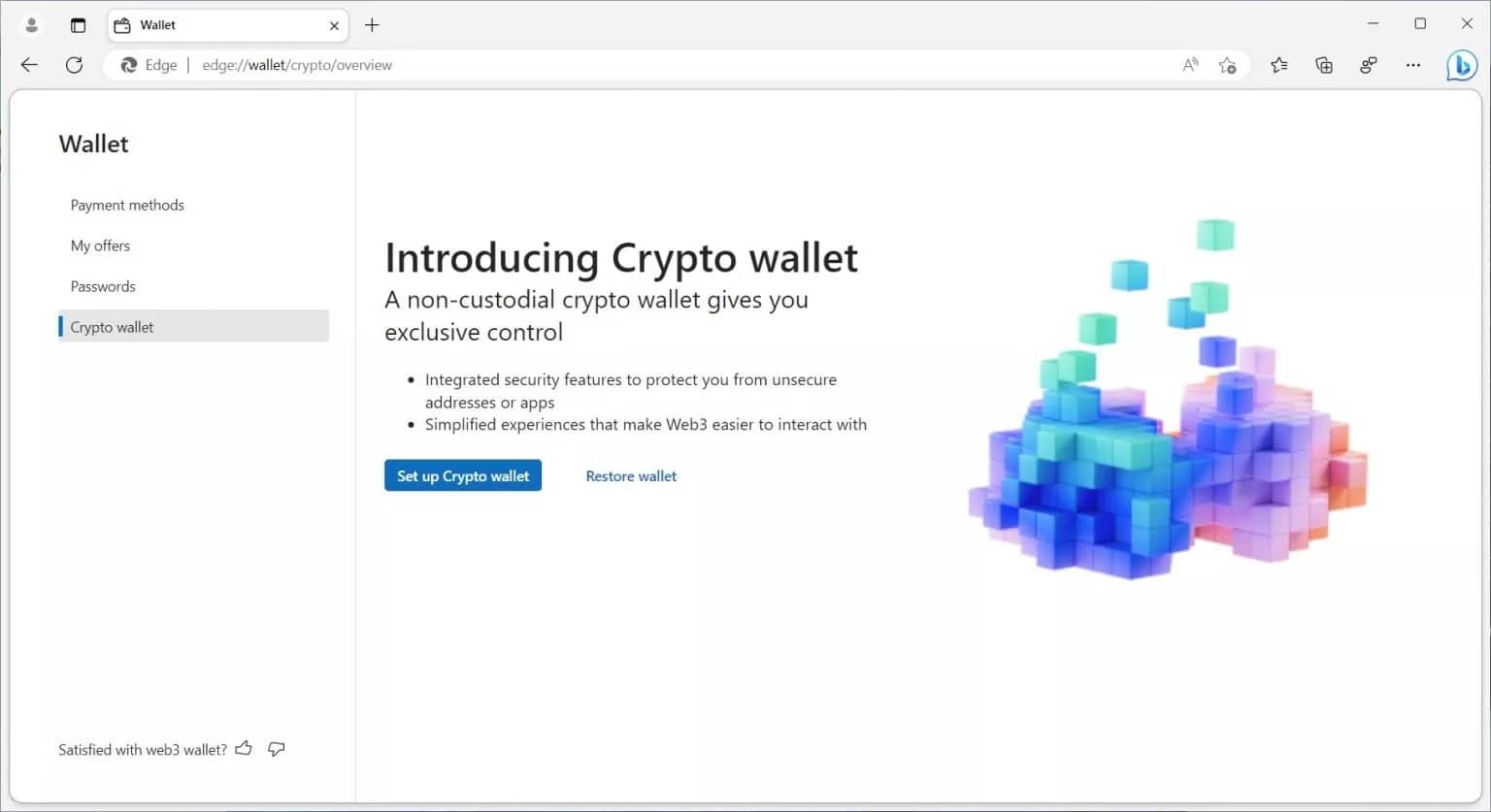 Preview of the Web3 wallet homepage of Microsoft Edge