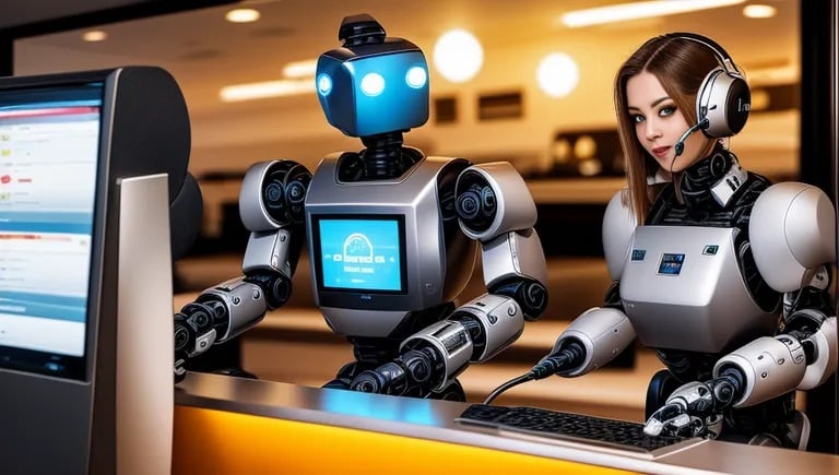 Ein Roboter nimmt vor einem Restaurant Bestellungen auf. Image created by TCN using AI (Stable Diffusion)