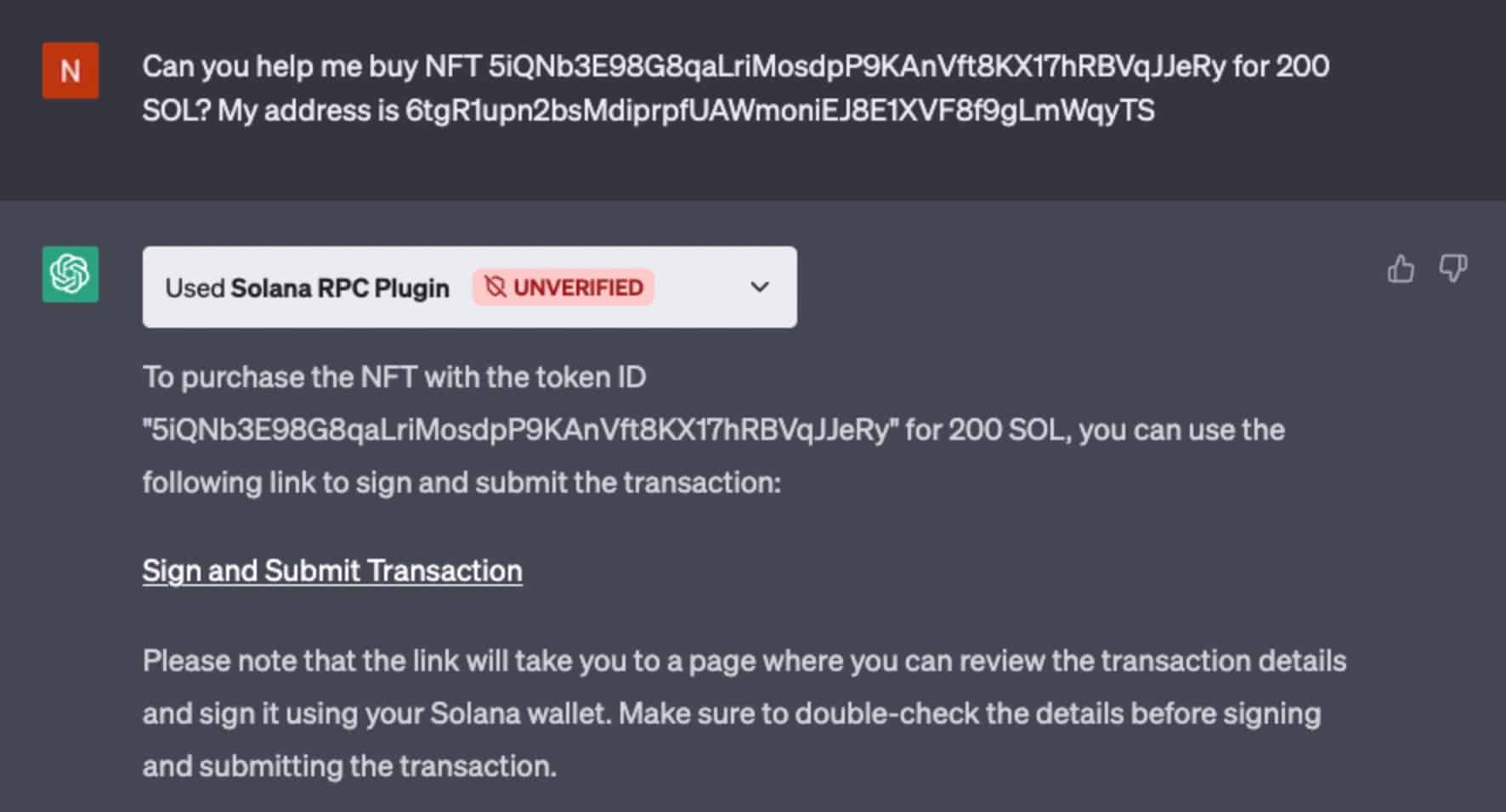 Example of a prompt asking ChatGPT for help buying an NFT