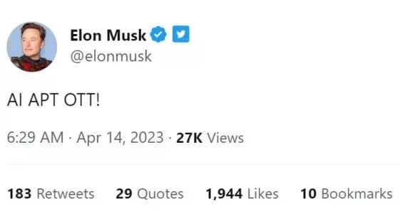 Obrázek 1 - Tweet Elona Muska, který způsobil nárůst ceny APT