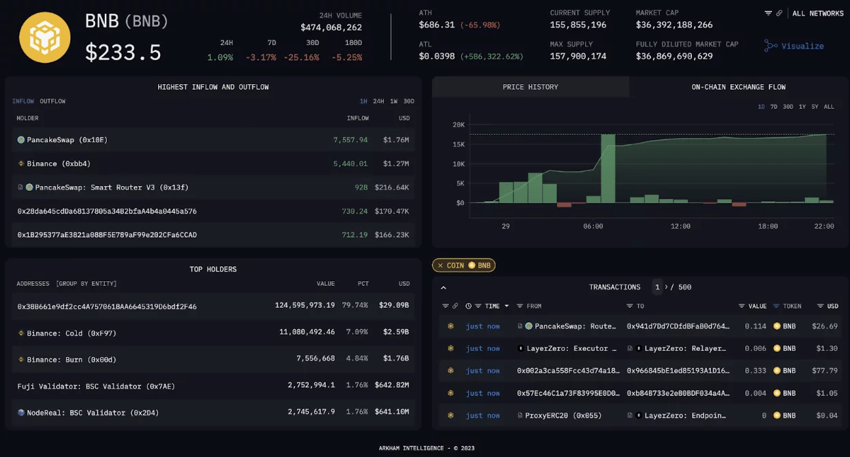 Page dedicated to the BNB token on Arkham Intelligence