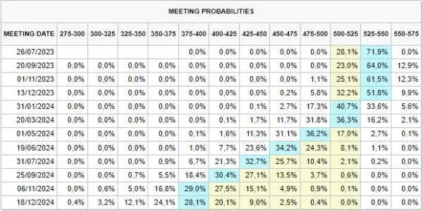 Table from the CME FED WATCH TOOL showing the likelihood of action by the FED at its next monetary policy meetings