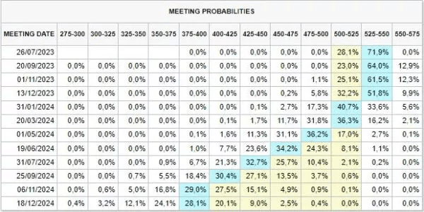 Table from the CME FED WATCH TOOL showing the likelihood of action by the FED at its next policy meetings
