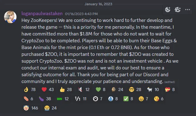 Logan Paul's laatste bericht in de CryptoZoo Discord's
