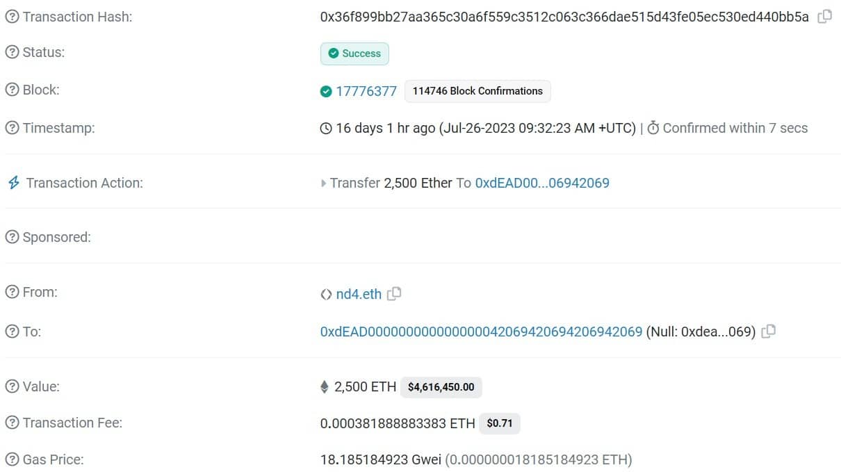 Figure 1 - The 2,500 ETH burned by nd4.eth