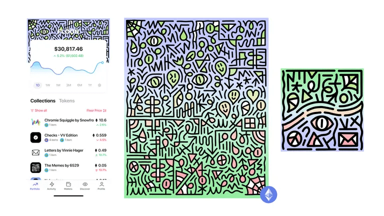 Hagerovo umělecké dílo (uprostřed) plus skinovaná aplikace Floor (vlevo) a vlastní ikona aplikace (vpravo). Obrázek: Floor