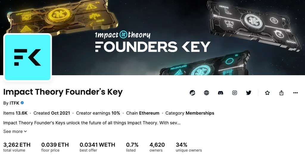 Screenshot van Impact Theory Founders Key NFT collectie op Opensea genomen op maandag 28 augustus 2023.