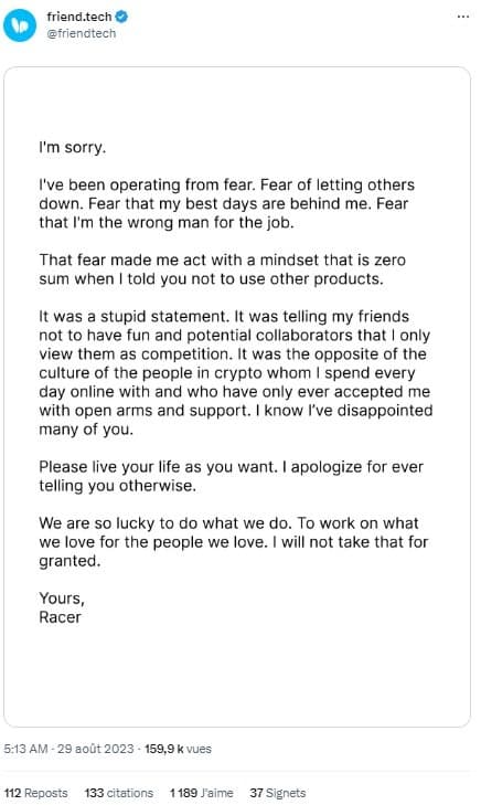 Figure 2 - Apology message from the co-founder of friend.tech